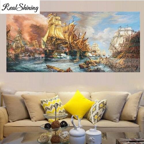 Large 5D diamond painting battle at sea ship boat landscape cross stitch DIY craft square drill diamond embroidery mosaic T59
