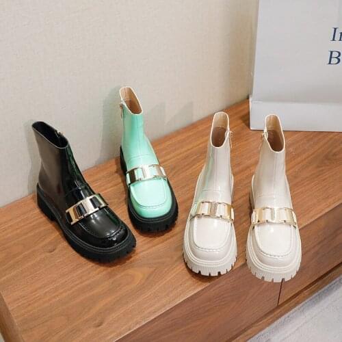 Martin Boots Chunky Boots Women PU Leather Ankle Ladies Shoes Black Metal Decoration Female Winter Fashion Platform Zipper Boots