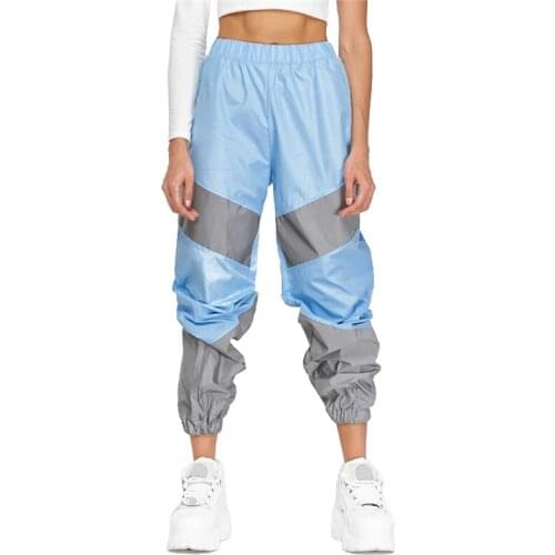 Color Block High Waist Trousers Women Autumn Streetwear Reflective Striped Patchwork Sweat Pants Female Casual Loose Baggy Pants
