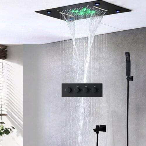 Hotel black shower set ceiling recessed rain and waterfall led shower panel hot cold 3 functions diverter valve massage shower