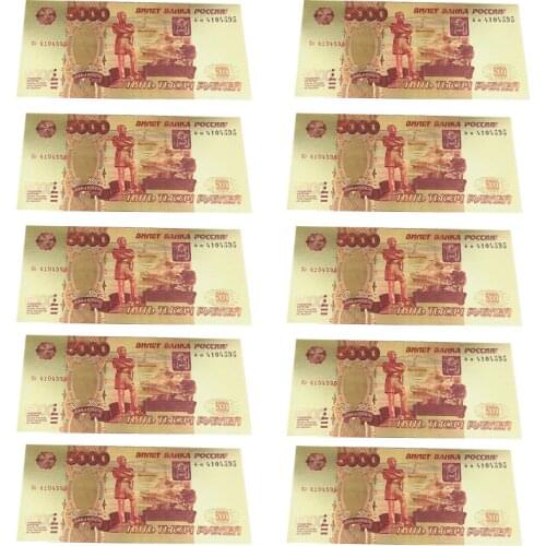 10PCS Russian Gold Colorful Banknotes 5000 Rubles Gold Plated Money Replica Bank Notes Collection For Gifts Souvenir