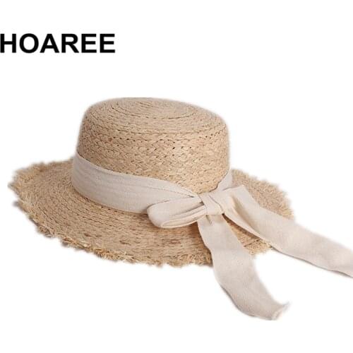 HOAREE White Bowtie Raffia Sun Hat Women Korean Vintage Flat-top Cap Summer Ladies Fedora Casual Uv Protection Wide Brim Hat