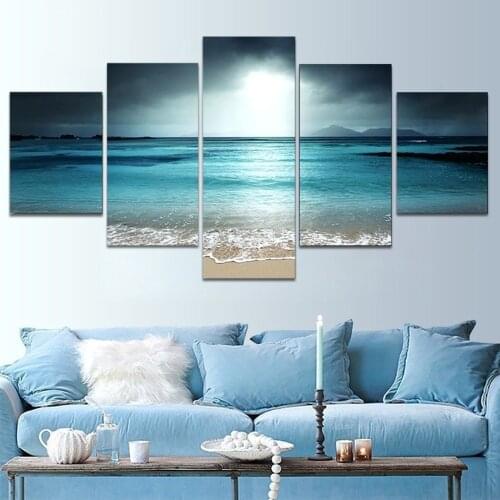 Sunset Beach Wall Art Canvas Painting Seascape 5 Panel Modular Posters Pictures Canvas Beach Living Room Home Decor Modern