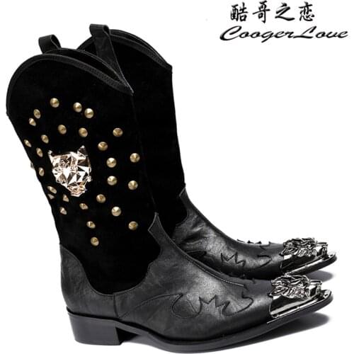 Star personality mens shoes Rivet Embroider Dragon Pointed Toe Leather Boots Fashion Patchwork mens Boots Cow Suede Big Size