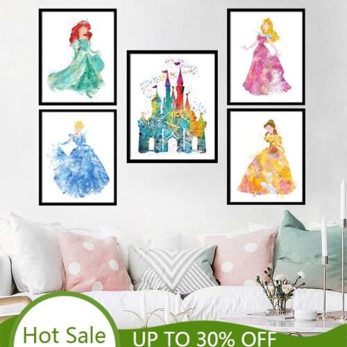 Girl Room Wall Art Decor Disney Princess Watercolor Print Snow White Movie Poster Cinderella Canvas Painting Home Decoration