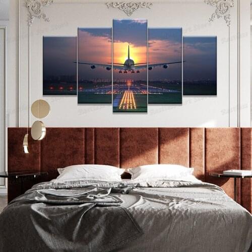 Wall Art Poster Home Decor Modern 5 Panel Sunset Lights Airplane Living Room Canvas HD Print Painting Modular Pictures Frame