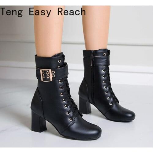 The New Woman White Black PU Leather Ankle Boots Women Autumn Winter Round Toe Lace Up Shoes Woman Fashion Motorcycle Boots