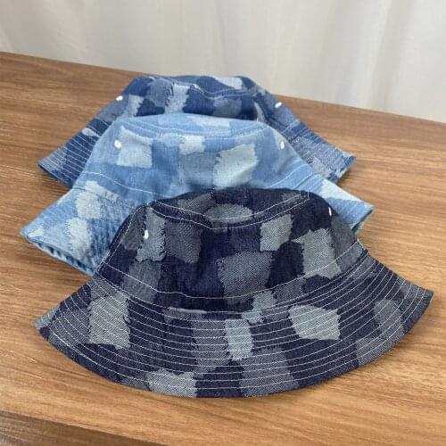 OMEA plaid cowboy cotton Japanese bucket hat women summer fashion washed cowgirl hat sun protection Unisex blue patchwork hat