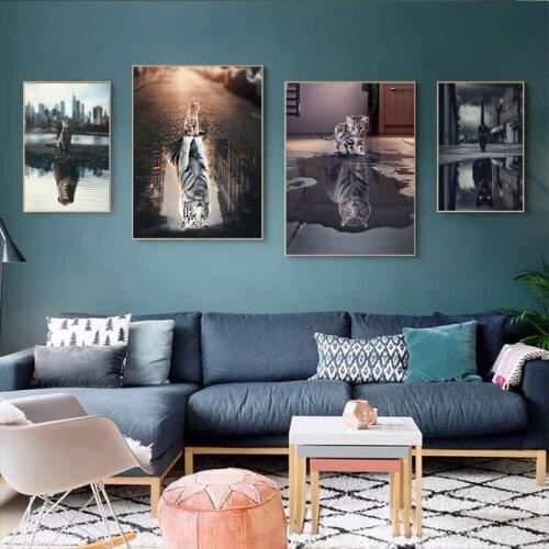 Reflection Zoom Animals Motivational Cat Lion Wall Art Canvas Painting Posters and Prints Wall Pictures for Living Room Decor
