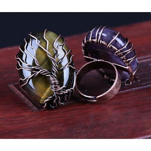 KEJIALAI Oval Shape Opal Stone Rings Unisex White Cat Eye Natural Stone Tree of Life Pattern Original Design Adjustable Size