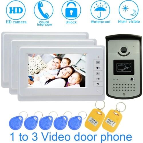 RFID Inductive Card Door Unlock Wall Mounted 3 PCS 7 inch Color Monitor Doorbell For House Smart Control Building Talk-back