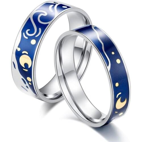 Romantic Van Goghs Starry Sky Moon Couple Rings Stainless Steel Oil Painting Rings for Women Men Valentines Day Gifts