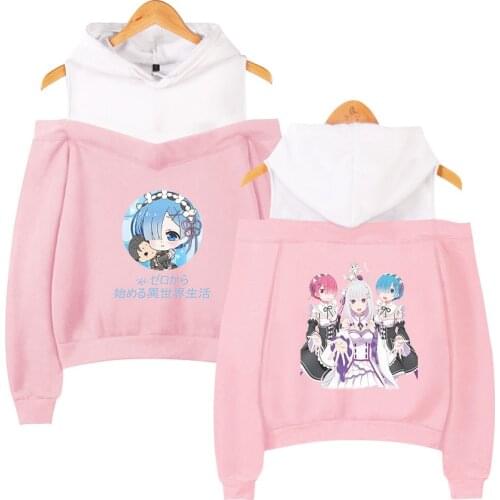 Anime Re:zero Twin Ram Rem Pink Hoodie Harajuku Long Sleeve Off Shoulder Hooded Sweatshirts Streetwear Casual Women Pullovers