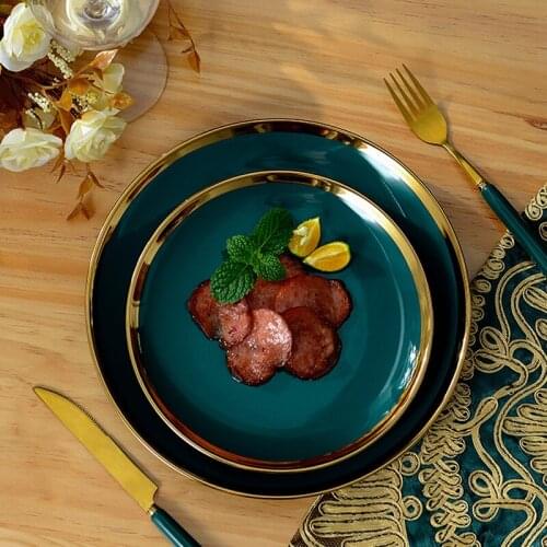 Gold Inlay Plate Nordic Style Tableware Green Ceramic Steak Food Plate Salad plate Dessert Dish Dinner Dish Dinnerware Set