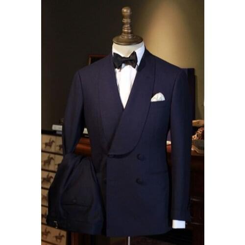 Navy Blue Double Breasted Formal Men Suits For Wedding Slim Fit Tuxedos Groom Prom Party Blazer Pants 2 Pieces Costume Homme