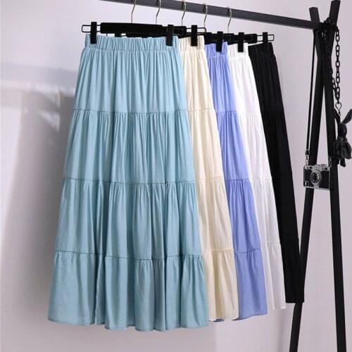 Cotton Linen Thin Summer Skirt Women 2021 New Solid Color Fashion Korean Midi Pleated Skirt Female Casual All-match Maxi Skirt