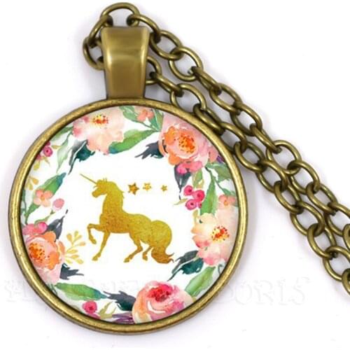 Cute Unicorn Vintage Necklace Antique Bronze Chain Glass Cabochon Pendant Necklace for Women Retro Handmade Jewelry Party Gift