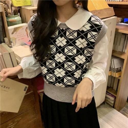 Knit Wool Sweater Vest Women 2020 Fall Winter Korean Style Vintage Geometric Argyle Sleeveless Pullover Waistcoat Tank Tops T552