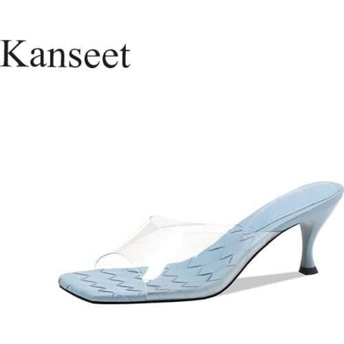 Kanseet Slippers for Women 2021 Hot Sale Summer Square Toe Fashion Design Bling Thin High Heels Handmade Outdoors Women Shoes