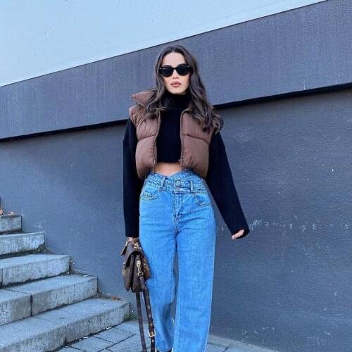 2021 womens fashion Brown Black irregular cut vest Vest Jacket Womens stand collar zipper vest womens casual coat