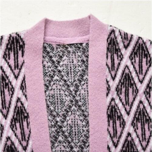 Women Plaid Knit Cardigan V-neck Knitwear Mid-length Single Breasted Coat Ladies Loose Pockets Autumn Winter Sweater New