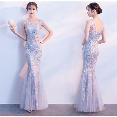 Lace Hollow Out Mermaid Dress Women Fashion Sequins Long Qipao O-Neck Cheongsam Asian Bride Wedding Evening Party Dresses Gown