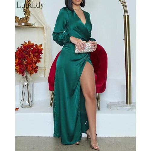 Women Elegant Long Sleeve V Neck Sexy Solid Lantern Sleeve High Slit Wrap Maxi Dress