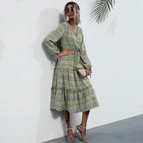 2021 Autumn Dress Women Long Sleeve V-neck Holiday Aesthetic Vintage Soft Clothes Boho Midi Holiday Fall Dresses New Trend XL