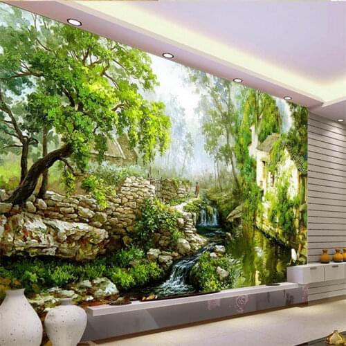 3D wallpaper painting country rivers custom fantasy green landscape wallpaper sticker non-woven wallpaper roll