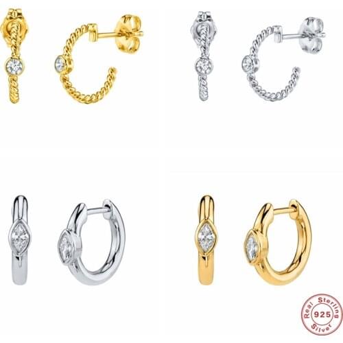 GS 925 Sterling Silver Gold Twist Hoop Earrings For Women Girls Loop Circle Round CZ Crystal Punk Rock Fashion Fine Jewelry