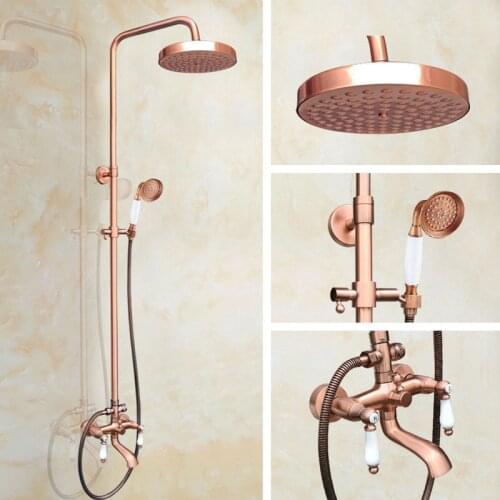 Antique Red Copper Brass Bathroom Shower Faucet Set Bathtub Shower Faucet Bath Shower Tap Rainfall Shower Head arg575