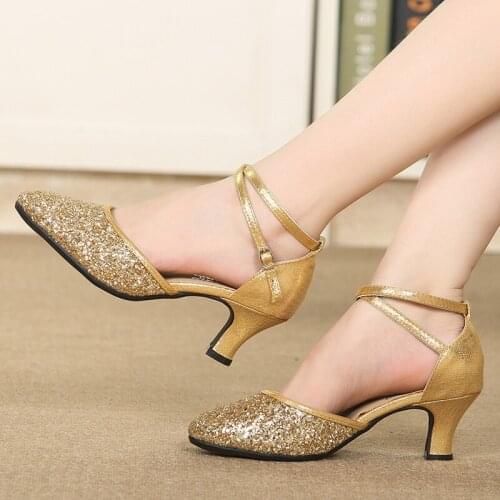 Glitter Latin Dance Shoes Woman Closed Toe Rubber Soles 5.5cm High Heels Dance Shoes For Girls Tango Ballroom Dancing Shoes