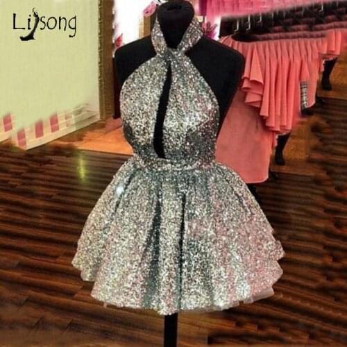 Cheap Sparkling Mini Prom Ball Gowns Dress Sequin Womens Puffy Short Dresses Silver Gold Custom Color Open Back Party Gown Sexy