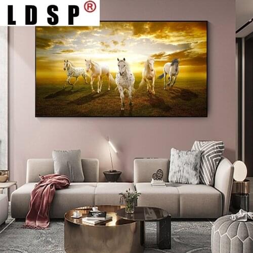 LDSP Five Horses Running on the Grassground Canvas Paintings On the Wall Art Posters Prints Animals Sunset Pictures Home Decor