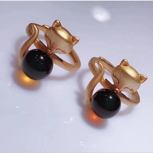 Natural Mexico blue amber ring Inlaid 925 sterling silver for women rings resizable red amber fox rings diamond rings for women