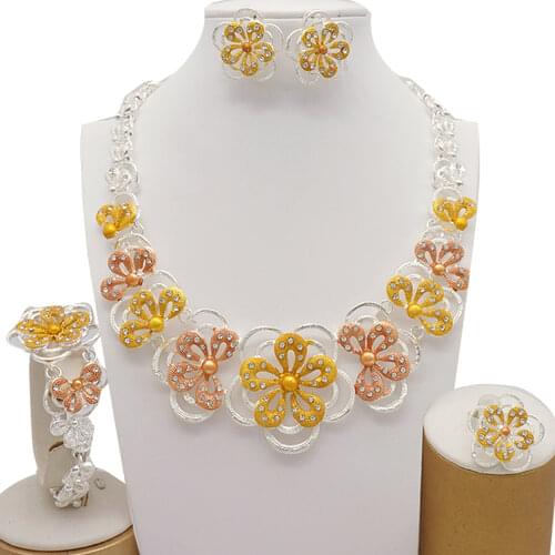 Dubai Gold Jewelry Flowers Sets for Women Necklace African Jewelry Set Women Indian Bridal Necklace Earrings Set