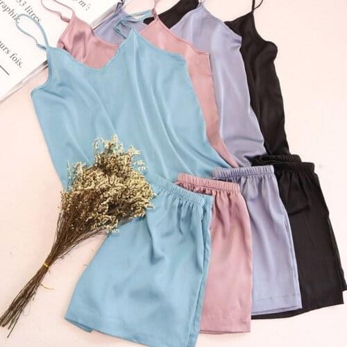 Summer Women Pajamas Sexy Lingerie Satin Pajamas Set Solid Color Silk Female Sleepwear Top Shorts Sets nuisette femme sexy g4