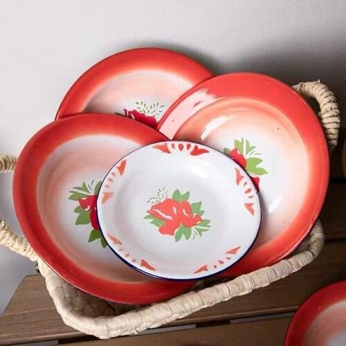 Small Round Plate Old Style Retro Hot Pot Plate Barbecue Plate Custom Logo Nostalgic Enamel Plate Manufacturer Direct Supply