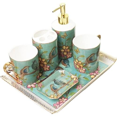 Bathroom Accessories Set Ceramic Soap Dispenser Toothbrush Holder & Gargle Cups Soap Dishes Lavatory 5/6 Pieces Set Wedding Gift