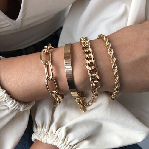 4pcs Punk Curb Cuban Chain Bracelets Set for Women Miami Boho Thick Gold Color Charm Bracelets Bangles Fashion Jewelry