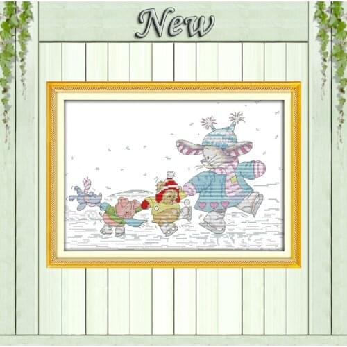 Patch rabbit skating fairy animals painting counted Printed on canvas DMC 11CT 14CT Cross Stitch Needlework kits embroidery Sets