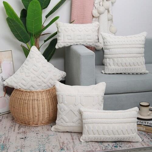 Boho White Cushion Cover 45X45Cm/30X50Cm Cotton Pillow Cover Ivory Loop Tufted for Home Decoration Netural Living Room Bedroom