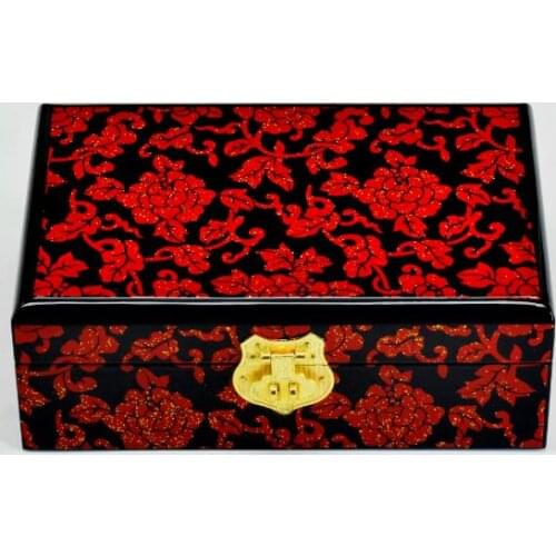 NEW Chinese handmade classic wooden lacquer & rose jewel box 2 layers
