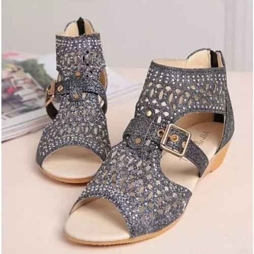 2020 New style Women Summer Hollow Out Faux Leather Rhinestones Thick Heel Zipper Sandals Shoes Eur 35-41