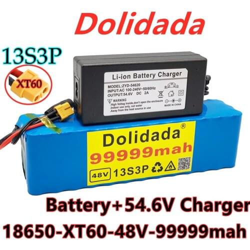 New 13s3p XT60 48V 99.999ah 1000W Li ion battery pack for 54.6V E-bike scooter with BMS + charger
