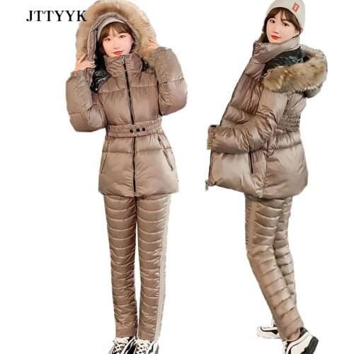 Fashion Two Piece Outfits Women Sets Hooded Coat And Cotton pants Winter Jacket Parka Ladies Thick 2 Piece Set Casual Tracksuits
