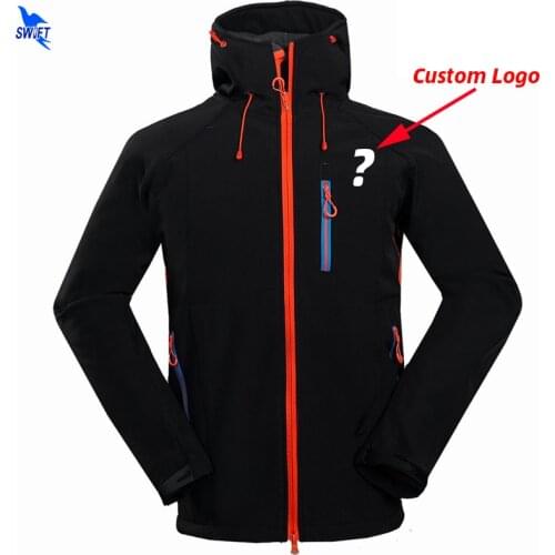 Customize LOGO Waterproof Outdoor Skiing Hiking Clothing Warm Fleece Softshell Jacket Men Hooded Windproof Fishing Hunting Coat