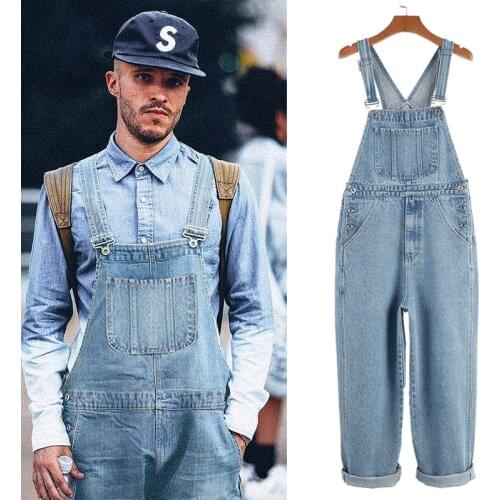 Hot 2020 Mens denim overalls, loose tooling straight-leg jumpsuits, elastic plus size S-3XL suspenders, Jeans for Men
