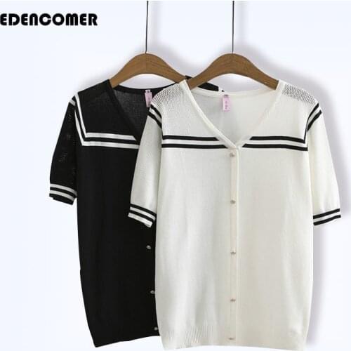 Plus Size Womens Spring and Summer Cardigan New 2021 Loose Icy Silk V-neck Hollow Short-sleeved Top Black Sweater Dropshipping