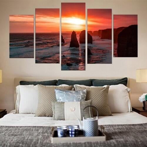 Modern Wall Art HD Printed Pictures Frame Living Room 5 Panel Sea Sunrise Red Cloud Scenery Home Decoration Posters Painting
